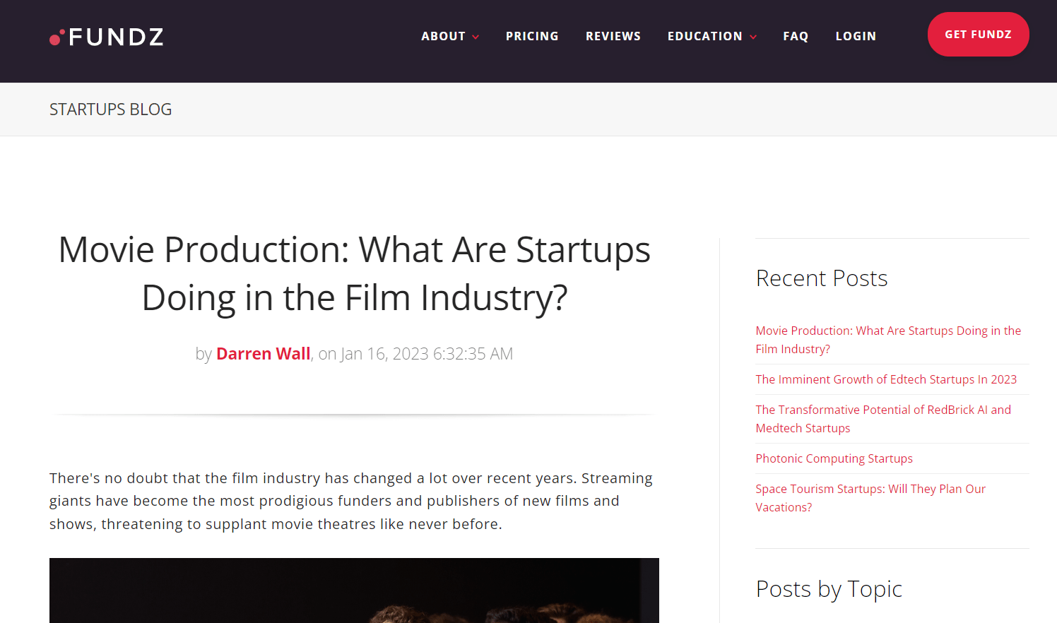A snapshot of Fundz content aimed at startups in the movie industry.